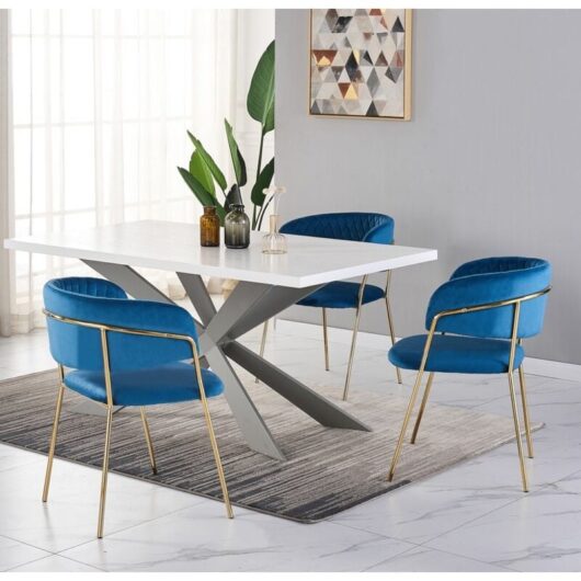 Duke lux Atarah Dining Set - a White Wooden Dining Table and Set of 4 Blue Velvet Dining Chairs - Dining Room Kitchen