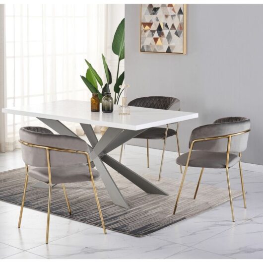 Duke lux Atarah Dining Set - a White Wooden Dining Table and Set of 4 Grey Velvet Dining Chairs - Dining Room Kitchen