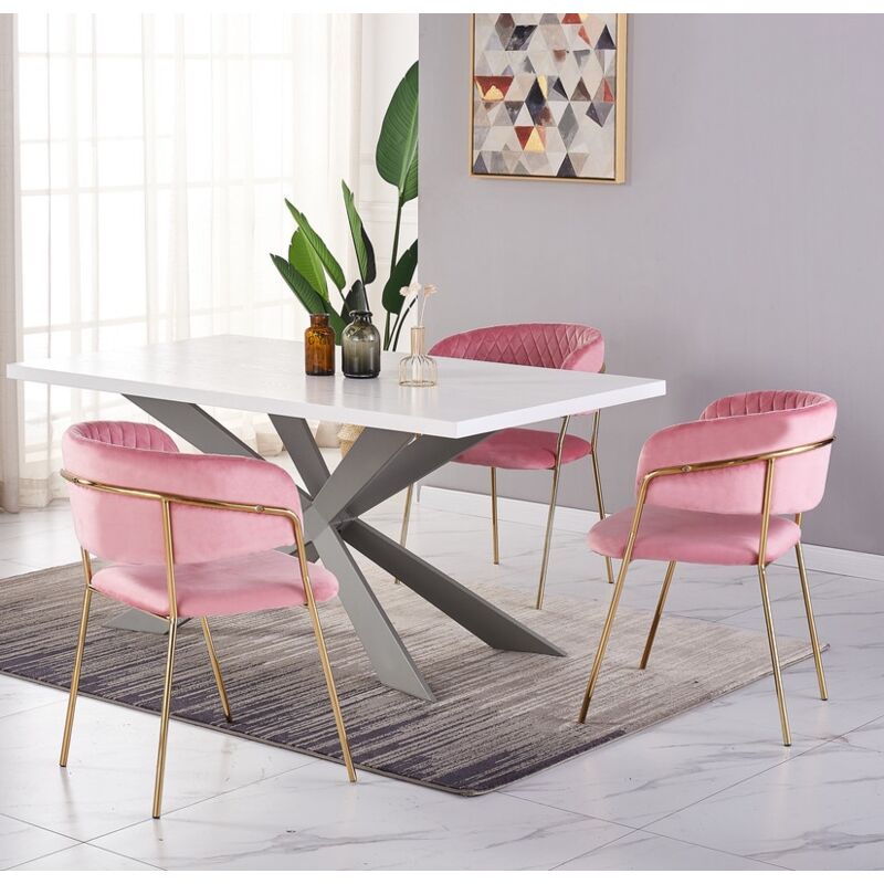 Duke lux Atarah Dining Set - a White Wooden Dining Table and Set of 4 Pink Velvet Dining Chairs - Dining Room Kitchen
