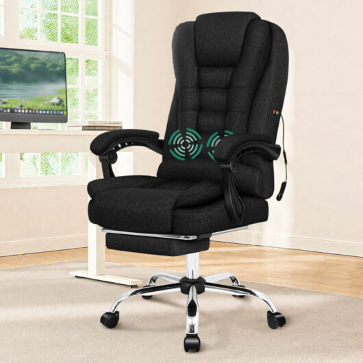 ELFORDSON 2-Point Massage Office Chair, Gaming Chair with Footrest, Lumbar Support and Padded Armrest, High Back 150° Reclining, Fabric, Black