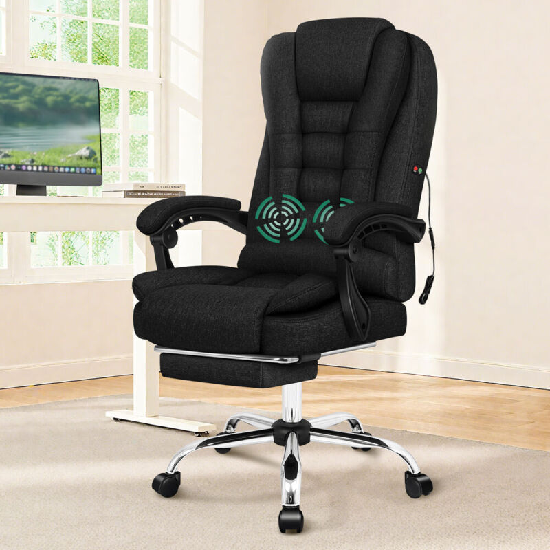 ELFORDSON 2-Point Massage Office Chair, Gaming Chair with Footrest, Lumbar Support and Padded Armrest, High Back 150° Reclining, Fabric, Black