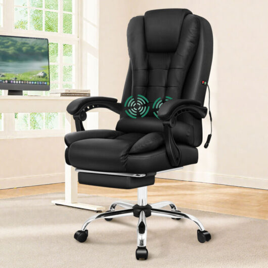 Elfordson - 2-Point Massage Office Chair, Gaming Chair with Footrest, Lumbar Support and Padded Armrest, High Back 150° Reclining, pu Leather, Black