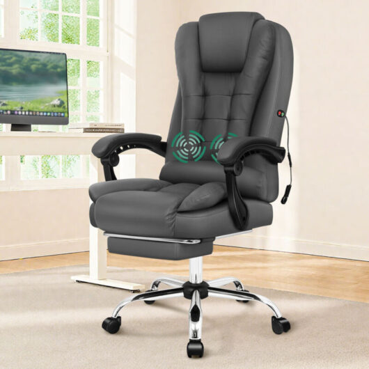 Elfordson - 2-Point Massage Office Chair, Gaming Chair with Footrest, Lumbar Support and Padded Armrest, High Back 150° Reclining, pu Leather, Grey