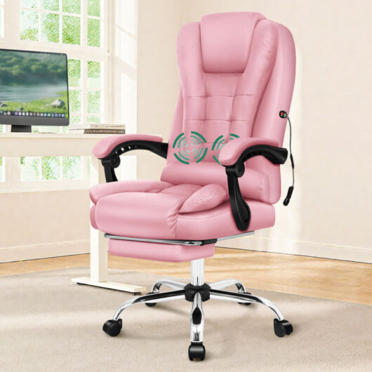 Elfordson - 2-Point Massage Office Chair, Gaming Chair with Footrest, Lumbar Support and Padded Armrest, High Back 150° Reclining, pu Leather, Pink