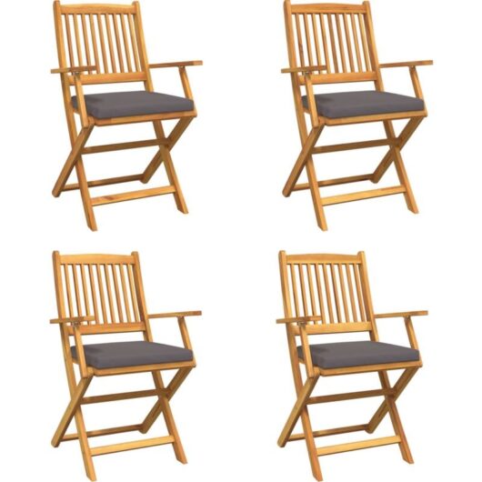 Folding Garden Chairs with Grey Cushion 4pcs Solid Acacia Wood Vidaxl
