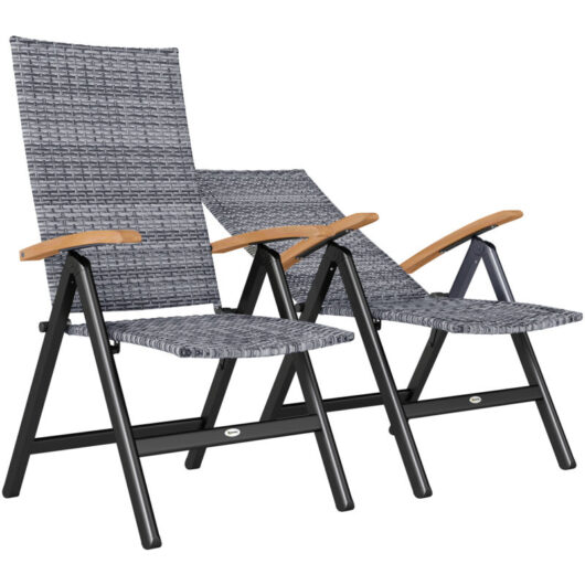 Folding Rattan Garden Dining Chairs with Reclining Back, Light Grey - Outsunny