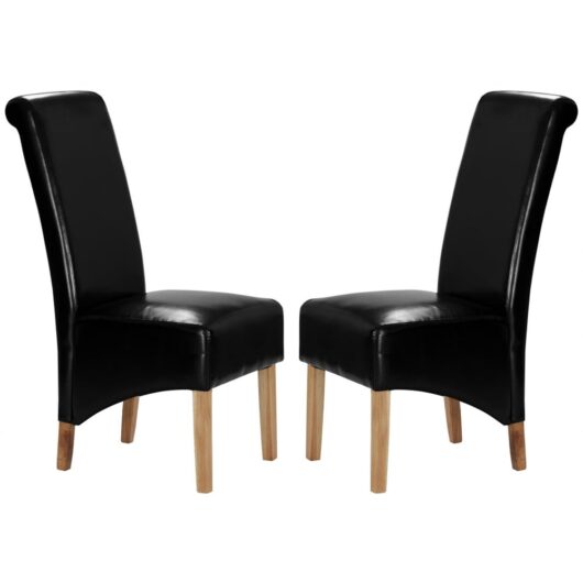 Kutztown Black Leather Dining Chairs With Oak Legs In Pair