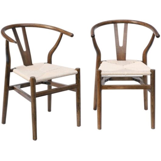 Pair of wooden chair with rope seat, Cecile, Brown, 54.5x53x76 cm