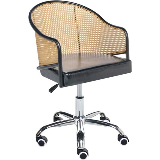Retro Office Chair Faux Leather PE Rattan Viennese Braid Backrest Swivel Adjustable Black Redding
