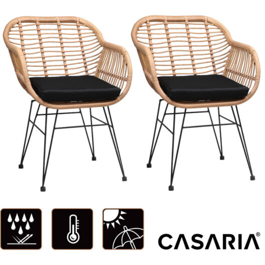 Set of 2 Bali Poly Rattan Wicker Chairs 5cm Thick Padding and Armrest Weatherproof Garden Chairs Balcony Kitchen Dining Room Conservatory Patio Deck
