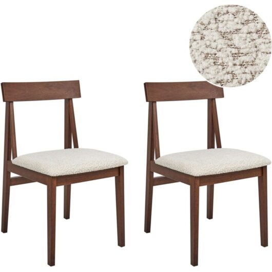 Set of 2 Dining Chairs Beige Boucle Polyester Seat Dark Wood Frame Isle