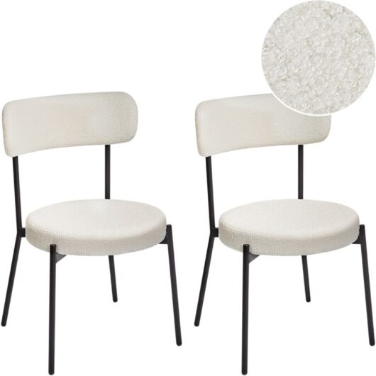 Set of 2 Dining Room Chairs Boucle Steel Black Legs Armless Dining Room Seating White Allison