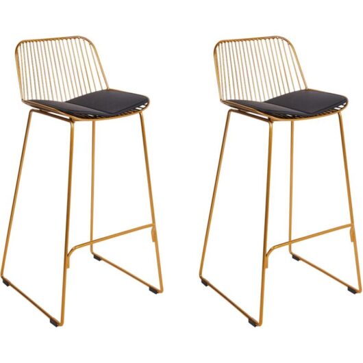 Set of 2 Metal Bar Chairs Wire Backrest Faux Leather Seat Pad Gold Pensacola