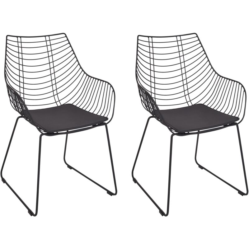 Set of 2 Metal Dining Chairs Wire Backrest Faux Leather Seat Pad Black Annapolis