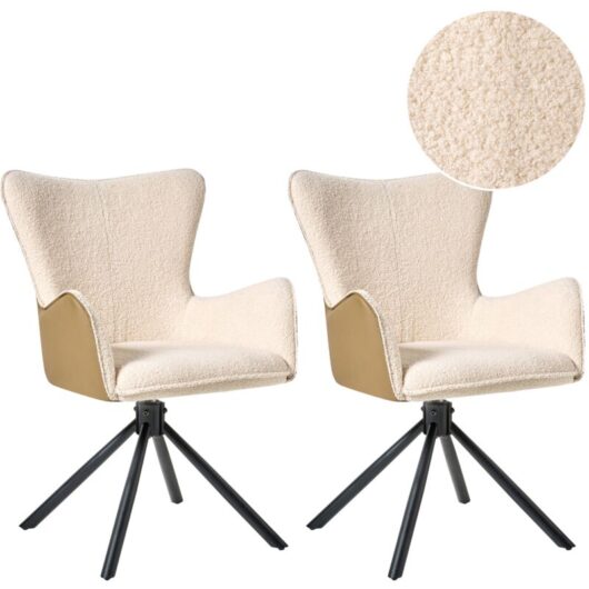 Set of 2 Swivel Base Dining Chairs Rotating Boucle Light Beige Novi