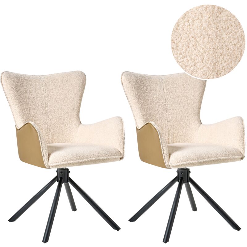 Set of 2 Swivel Base Dining Chairs Rotating Boucle Light Beige Novi