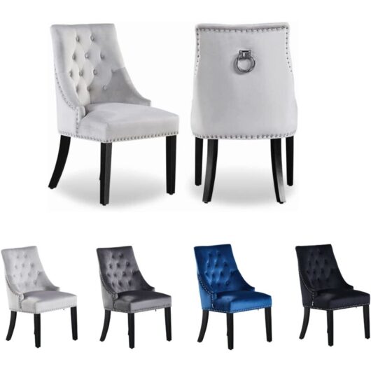 Set of 2 Windsor Velvet Dining Chairs - Ergonomic Scoop Knockerback and Solid Wood Legs - Tufted Side chair for Dining Room Kitchen Living Room