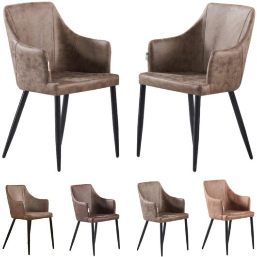 Set of 2 Zarah Modern Leather Dining Chairs - Upholstered in Faux Leather with Metal Legs - Armchair for Dining Room Kitchen Living Room - Brown
