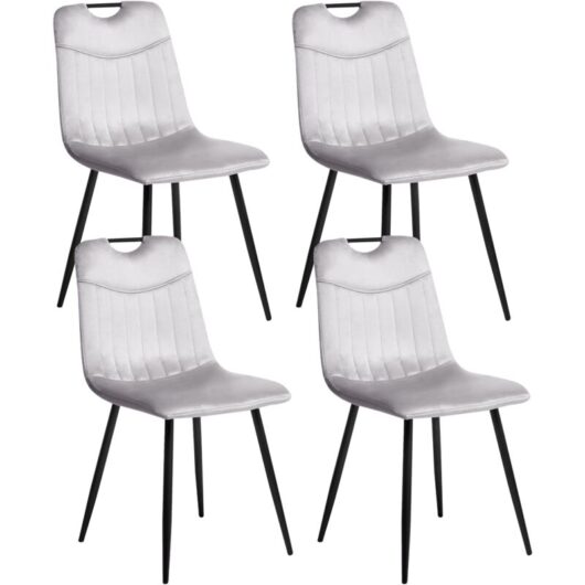 Set of 4 Modern Velvet Dining Chairs Powder Coated Iron Black Legs Light Grey Argyle
