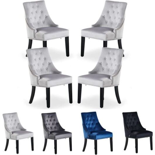Set of 4 Windsor Velvet Dining Chairs - Ergonomic Scoop Knockerback and Solid Wood Legs - Tufted Side chair for Dining Room Kitchen Living Room
