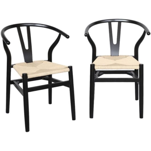 Set of two vintage black rubberwood chairs with rope seat and rounded backrest
