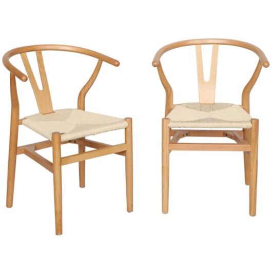 Set of two vintage rubberwood natural chairs with rope seat and rounded backrest