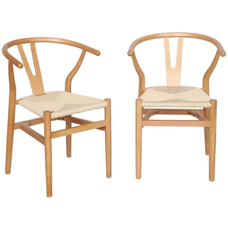 Set of two vintage rubberwood natural chairs with rope seat and rounded backrest