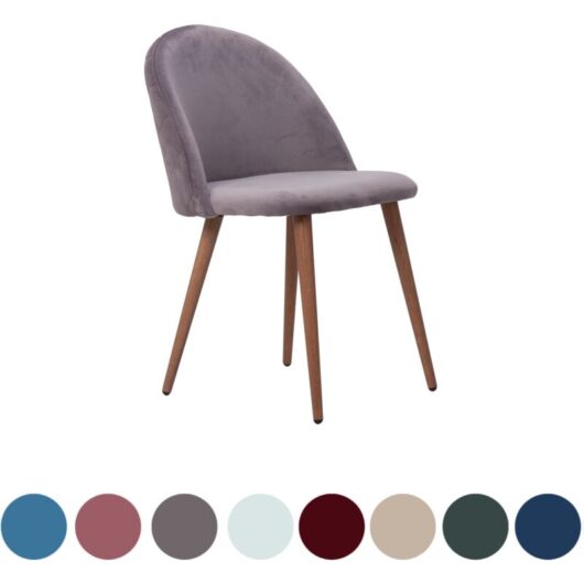 Single Lucia Velvet Dining Chair - Upholstered Curved Back Modern Dining Chair w/ Wooden Legs - Grey