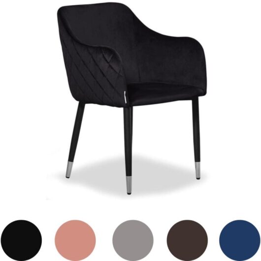 Single Verona Velvet Dining Chair - Metal Legs w/ Silver End Caps - Dining Room Chair - Upholstered Chair - Modern Dining Chair - Black