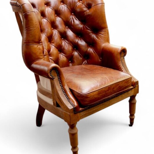 Vintage-Style Deconstructed Leather Wingback Chair Distressed Wood Frame, Tufted Brown Leather
