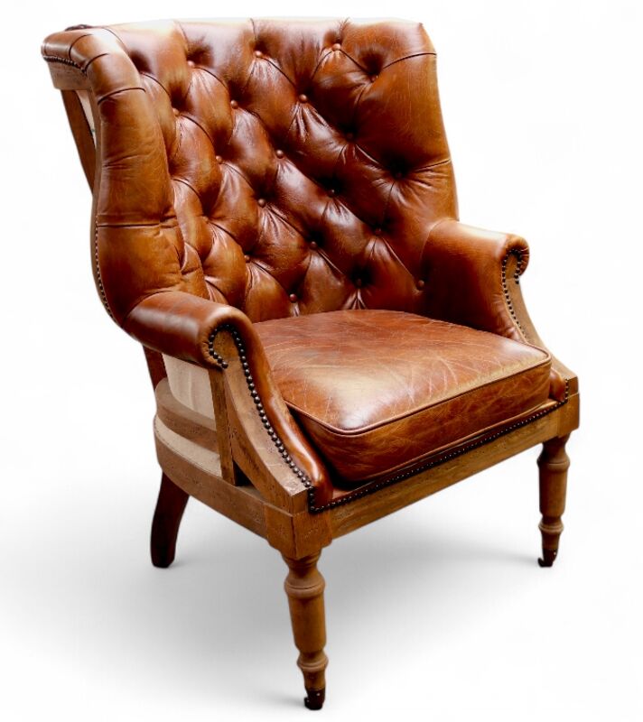 Vintage-Style Deconstructed Leather Wingback Chair Distressed Wood Frame, Tufted Brown Leather