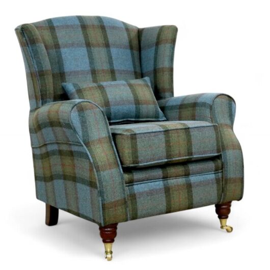 Arnold Wool Tartan Wing Chair Fireside High Back Armchair Skye Sea Check