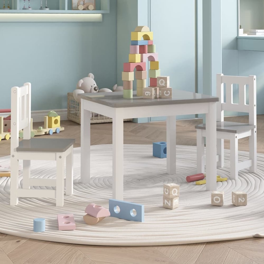 Bagdad Wooden Children Table With 2 Chairs In White And Grey