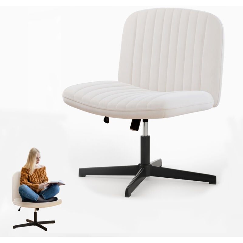 Bigzzia - Office chair no wheels Armless office chair Cross legged desk chair Velvet Fabric chair height adjustable swivel computer Chair Beige