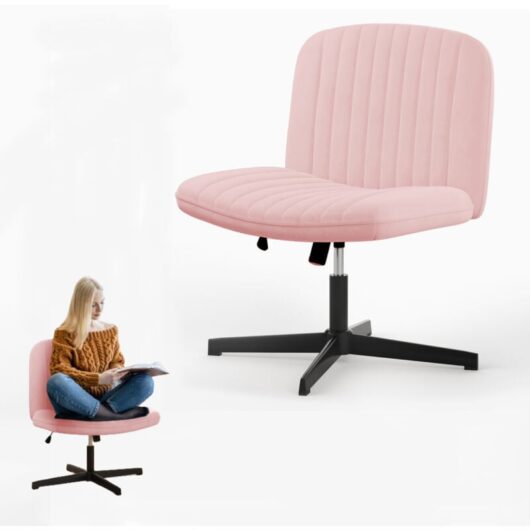 Bigzzia - Office chair no wheels Armless office chair Cross legged desk chair Velvet Fabric chair height adjustable swivel computer Chair Pink