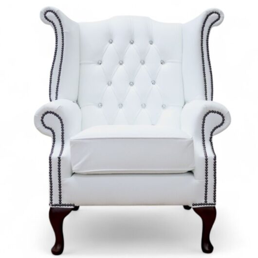 Chesterfield Queen Anne Chair Crystal Diamante White Leather