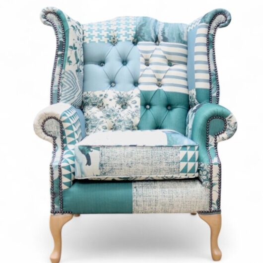 Chesterfield Queen Anne High Back Wing Chair Charles Patchwork Green