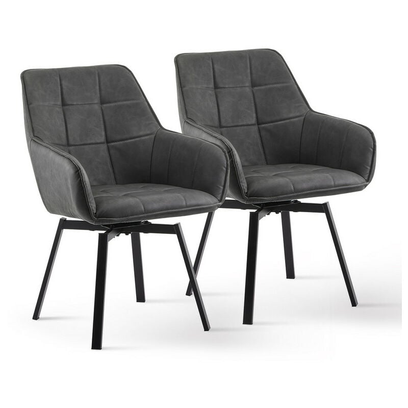 Dining Chairs 2X Faux Leather Thick Padded 360°Swivel Armchair with Backrest and Metal Legs, Grey