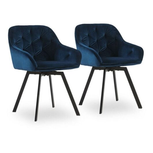 Dining Chairs, 2X Velvet Thick Padded 360°Swivel Armchair with Backrest and Metal Legs, Blue