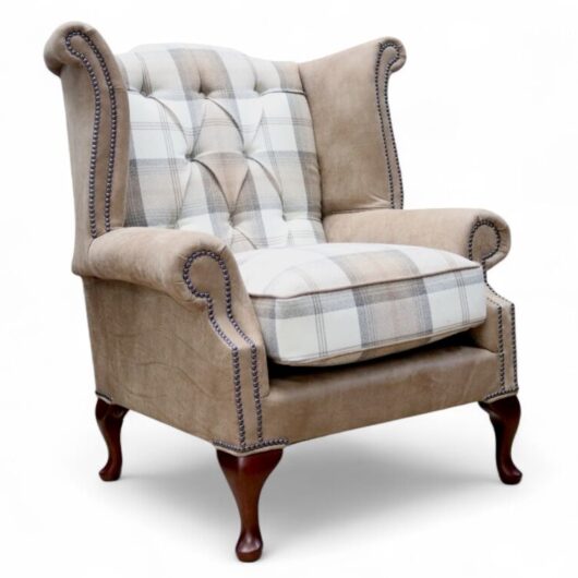 Duke Chesterfield Queen Anne High Back Wing Chair Brunel Cedar Leather & Balmoral Oatmeal