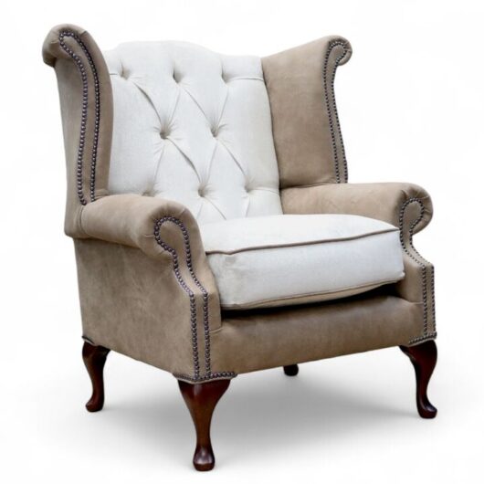 Duke Chesterfield Queen Anne High Back Wing Chair Brunel Cedar Leather & Opulence Putty Fabric