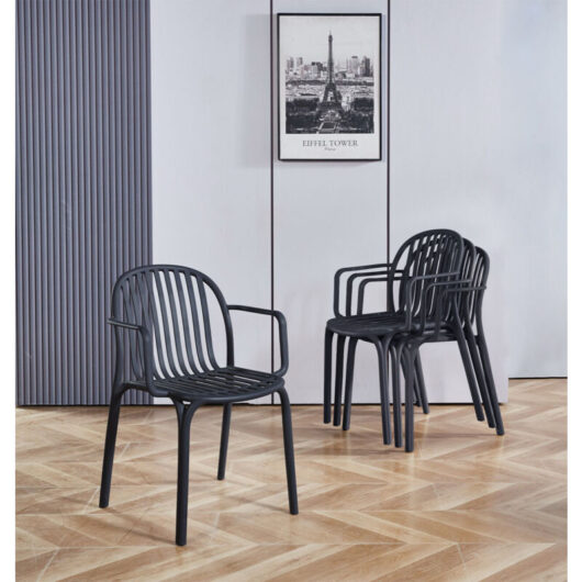 Hallowood Furniture - Stoker Black Plastic Stackable Chairs Set of 4 with Arm Support, Modern Sturdy Stacking Chairs with Armrests for Kitchen Home,