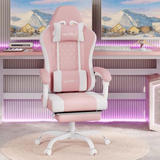 Mesh Fabric racing office chair in Pink+White - Woltu