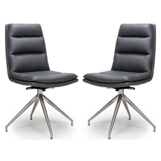 Norton Grey Leather Dining Chairs With Steel Legs In Pair