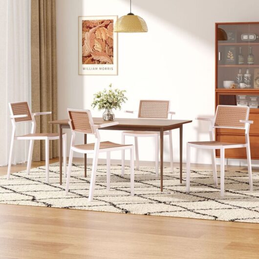 Pseudo-rattan PP Dining Chair Set of 4 with Armrest in White