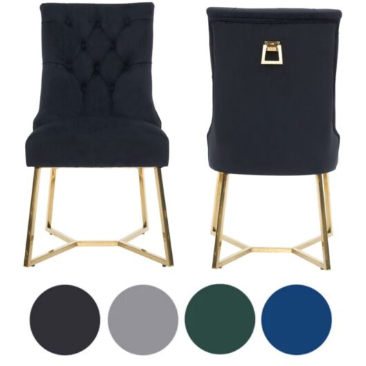 Set of 2 Black Ambra Modern Velvet Dining Chairs with Gold Legs & Ring Handle - Tufted Back, Plush Foam Seat, Luxury Accent Chair