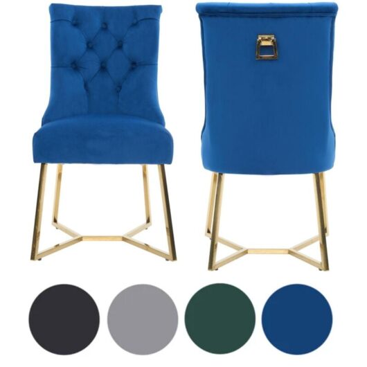 Set of 2 Blue Ambra Modern Velvet Dining Chairs with Gold Legs & Ring Handle - Tufted Back, Plush Foam Seat, Luxury Accent Chair