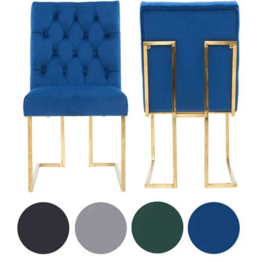 Set of 2 Blue Siena Luxury Tufted Velvet Dining Chairs with Gold Frame & Legs - Modern Upholstered Accent Chair