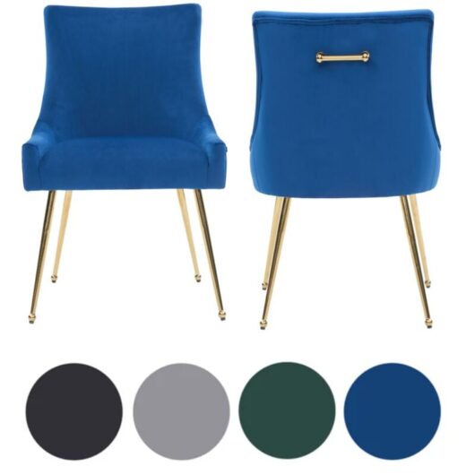 Set of 2 Blue Viviana Velvet Dining Chairs with Gold Legs and Ring Handle - Modern Upholstered Accent Chair