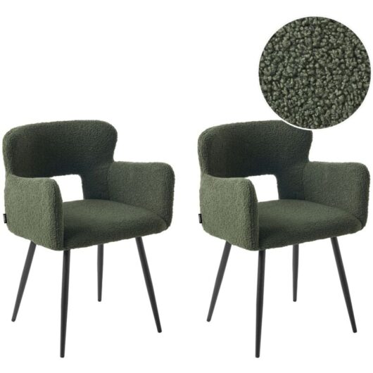 Set of 2 Dining Chairs SANILAC Boucle Dark Green